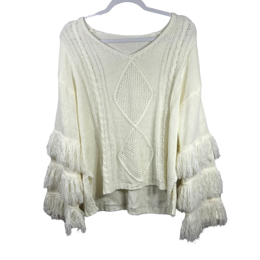 Cream Fringe Boho Festive Holiday Sweater Women’s size Medium